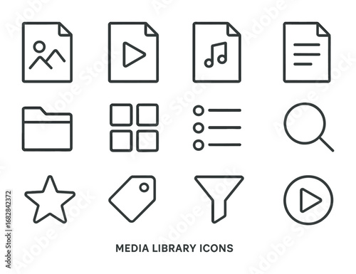Media Library Icons. Outline icon set of media library: photo file, video file, audio file, document, folder,