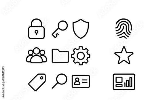 User Permissions Icons. Outline icon set of user permissions: lock, key, shield, fingerprint, people group,