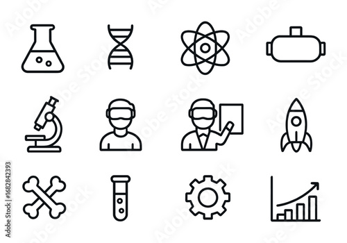 VR Lab Icons. Outline icon set of VR labs: beaker, DNA, atom, VR headset, microscope, student, teacher, rocket