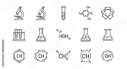 A comprehensive set of thin line icons for chemistry and science, illustrating laboratory equipment, molecules, and chemical formulas for educational concepts