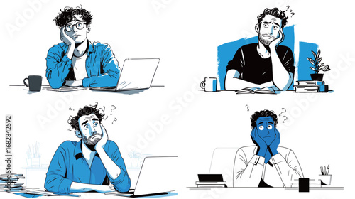 A man experiences various emotions in multiple settings, including studying, working on a laptop, and pondering while drinking coffee. His facial expressions reflect frustration and contemplation.