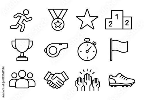 Competitive Spirit Icons. Outline icon set of competitive spirit: runner, medal, star, podium, trophy, whistle
