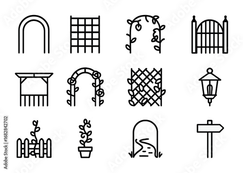 Garden Arches Icons. Outline icon set of garden arches and trellises: archway, trellis, vine, gate, pergola,