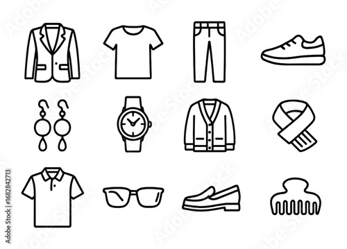 Remote Work Outfits Icons. Outline icon set of balanced remote outfits: blazer, T-shirt, jeans, sneakers,