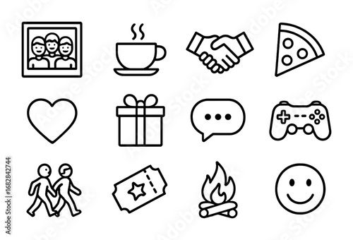 International Friendship Icons. Outline icon set of friendships abroad: group photo, coffee cup, handshake,
