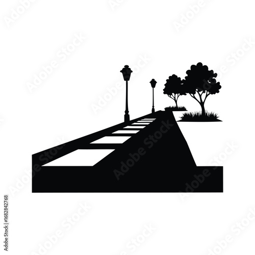 Silhouetted Pathway to Tranquility A Black and White Scenic Landscape, sidewalk edge silhouette vector illustration