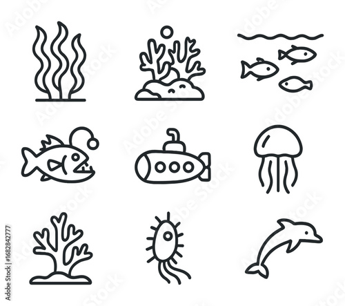 Ocean Habitat Icons. Outline icon set of ocean habitats: kelp forest, reef, open sea, deep sea fish, submarine