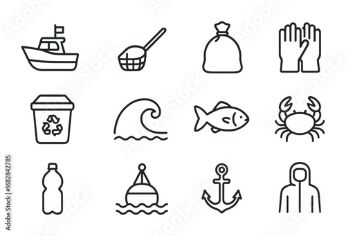 Ocean Cleanup Icons. Outline icon set of ocean cleanup initiatives: boat, net, trash bag, gloves, recycling