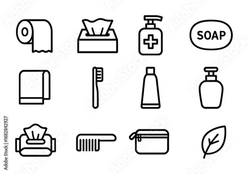 Travel Hygiene Kit. Outline icon set of travel hygiene kits: mini roll, tissue pack, sanitizer, soap, towel,