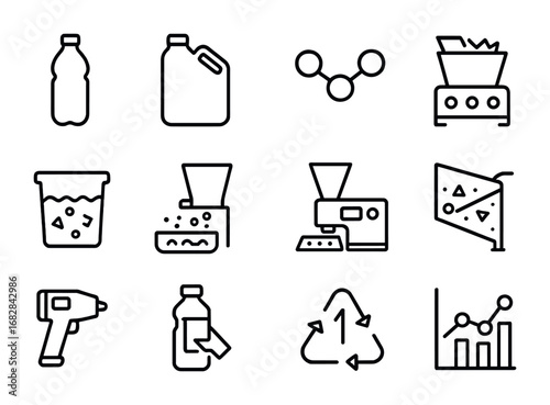 Plastic Recycling Icons. Outline icon set of plastic recycling science: PET bottle, HDPE container, polymer