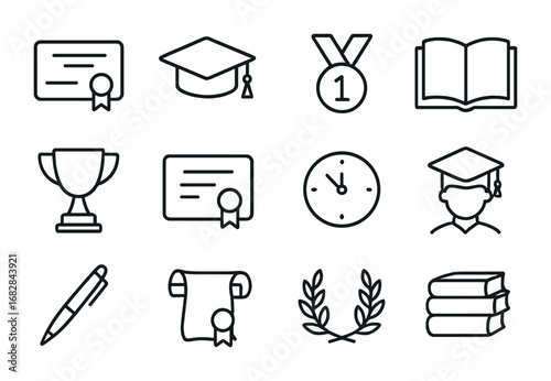 Academic Success Icons. Outline icon set of academic success: diploma, graduation cap, medal, open book,
