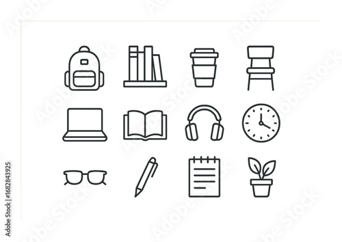 Student Life Icons. Outline icon set of student life in libraries: backpack, bookshelf, coffee cup, chair,
