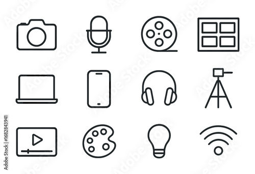 Creative Media Icons. Outline icon set of creative media production: camera, microphone, film reel, storyboard