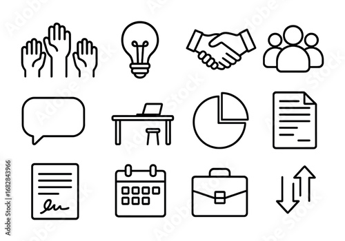 Employee Empowerment Icons. Outline icon set of employee empowerment: raised hands, lightbulb, handshake,