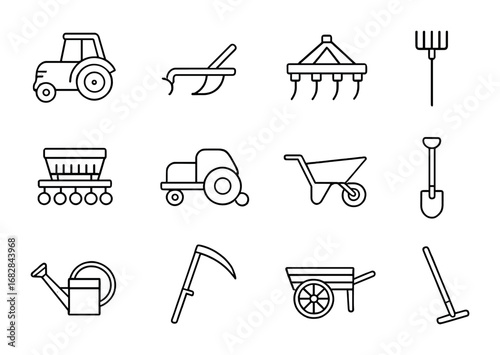 Farm Equipment Icons. Outline icon set of farmland equipment: tractor, plow, harrow, rake, seed drill, baler,