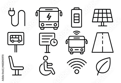 Electric Bus Icon Set. Outline icon set of electric buses: charging cable, bus front view, battery symbol,