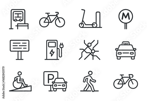 Mobility Hub Icons. Outline icon set of mobility hubs: bus stop, bike stand, scooter dock, metro sign,