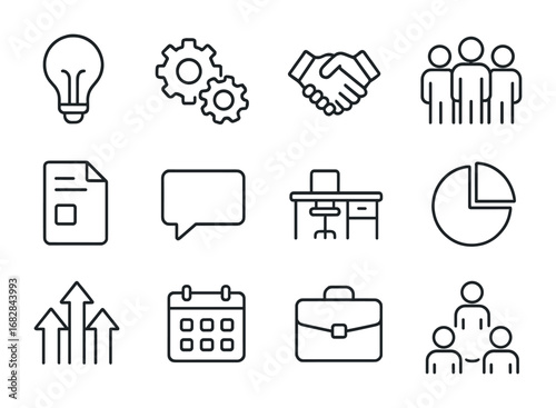 Innovation Icon Set. Outline icon set of innovation culture: lightbulb, gears, handshake, group of people,