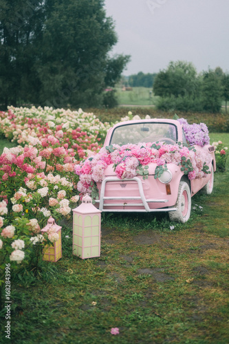 Pink Vintage Car Adorned with Hydrangeas in a Lush Garden Setting