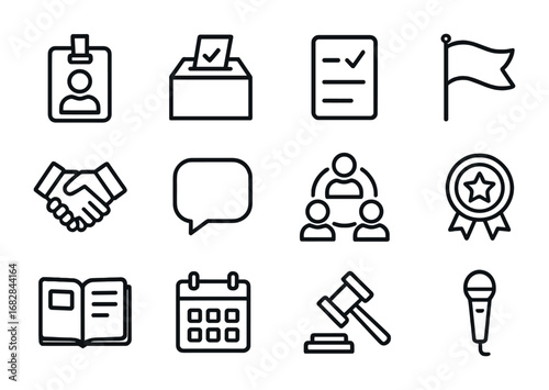 Student Council Icons. Outline icon set of student council leadership: student badge, voting box, ballot paper