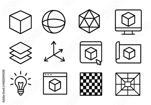 3D Modeling Icon Set. Outline icon set of 3D modeling: cube, sphere, polygon mesh, render, layers, axis arrows