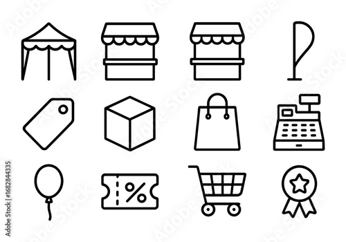 Pop-Up Sale Icons. Outline icon set of pop-up sales: tent, stall, shop stand, banner flag, sale tag, product