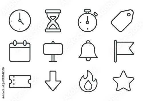 Limited Time Offer Icons. Outline icon set of limited time offers: clock, hourglass, stopwatch, sale tag,