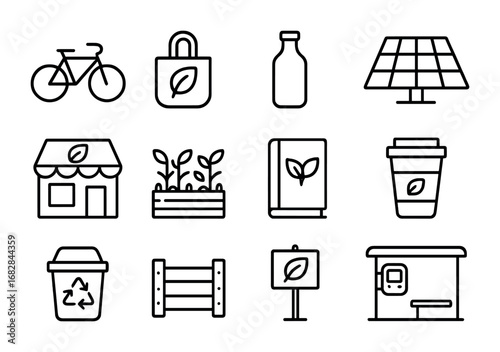 Urban Eco Icon Set. Outline icon set of urban eco lifestyle: bike, reusable bag, glass bottle, solar panel,