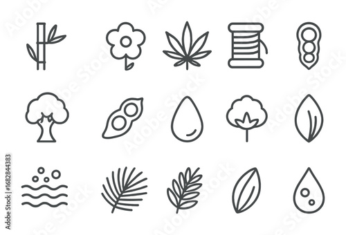Plant Material Icons. Outline icon set of plant-based materials: bamboo stalk, flax flower, hemp leaf, jute