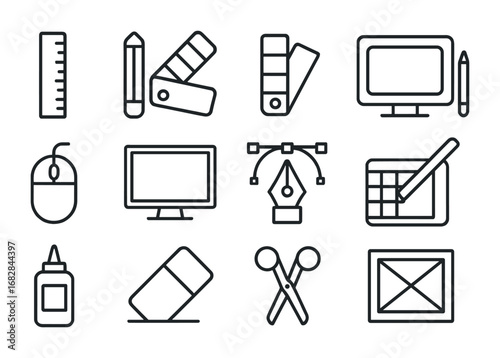 Designer Tool Icons. Outline icon set of designer tools for cards: ruler, pencil, color swatch, graphic tablet
