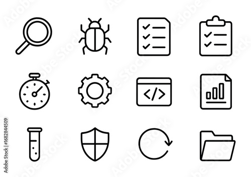 Software Testing Icons. Outline icon set of software testing and QA: magnifying glass, bug, checklist,