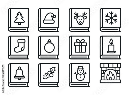 Holiday Icon Set. Outline icon set of holiday albums: Christmas tree, Santa hat, reindeer, snowflake, stocking