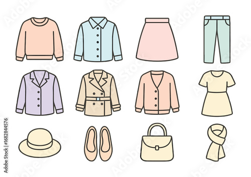 Pastel Clothing Icons. Outline icon set of pastel color clothing: pastel sweater, light blue shirt, soft pink
