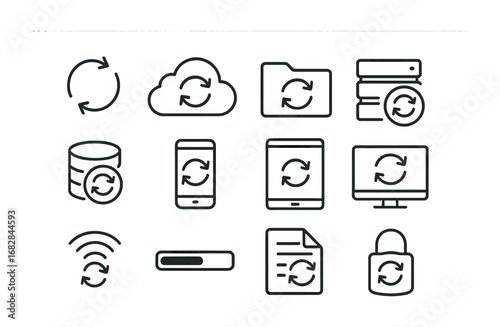 Data Sync Icon Set. Outline icon set of data synchronization: sync arrows, cloud, folder, server, database,