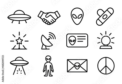 Alien Contact Icons. Outline icon set of alien contact exploration: flying saucer, handshake, extraterrestrial