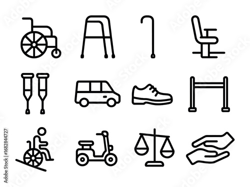 Elderly Mobility Icons. Outline icon set of mobility support for elderly: wheelchair, walker, walking cane,