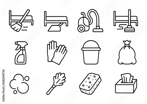 Cleaning Icons Grid. Outline icon set of cleaning under furniture: broom, dustpan, vacuum cleaner, mop,