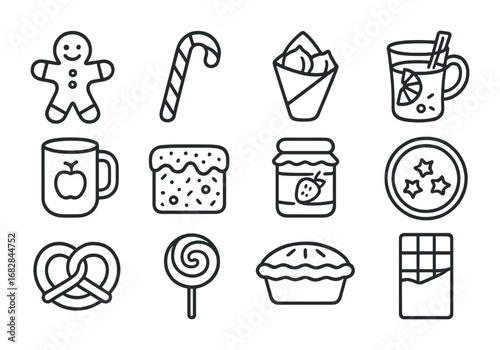 Festive Market Food Icons. Outline icon set of festive food at markets: gingerbread, candy cane, roasted