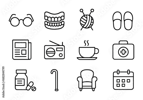 Elderly Life Essentials. Outline icon set of elderly daily life: glasses, dentures, knitting needles, slippers