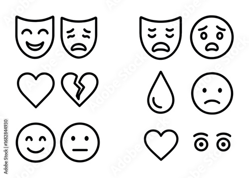 Emotion Icon Set. Outline icon set of drama and emotions: joy mask, sorrow mask, anger mask, fear mask,
