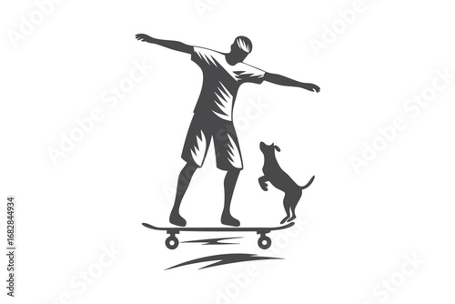 Monochrome Silhouette of Man on Skateboard with Dog on White Background