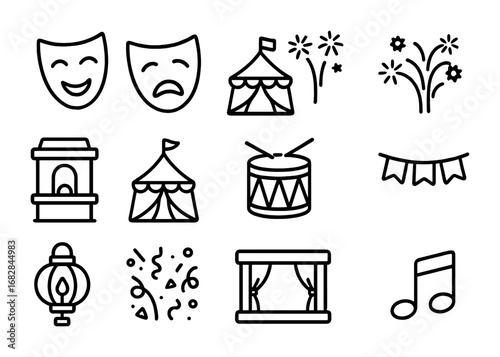 Theater Festival Icons. Outline icon set of theater festivals: comedy mask, tragedy mask, fireworks, ticket