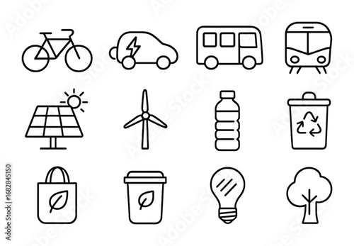 Carbon Footprint Icons. Outline icon set of reducing carbon footprint: bicycle, electric car, bus, train,