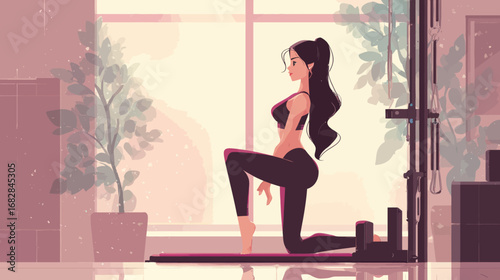 A woman is doing yoga in a bright and airy studio, kneeling on a mat with a serene expression. The sun shines through large windows, illuminating her focused pose.