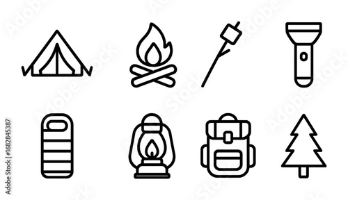Camping Adventure Icons. Outline icon set of camping with kids: tent, campfire, marshmallow stick, flashlight,