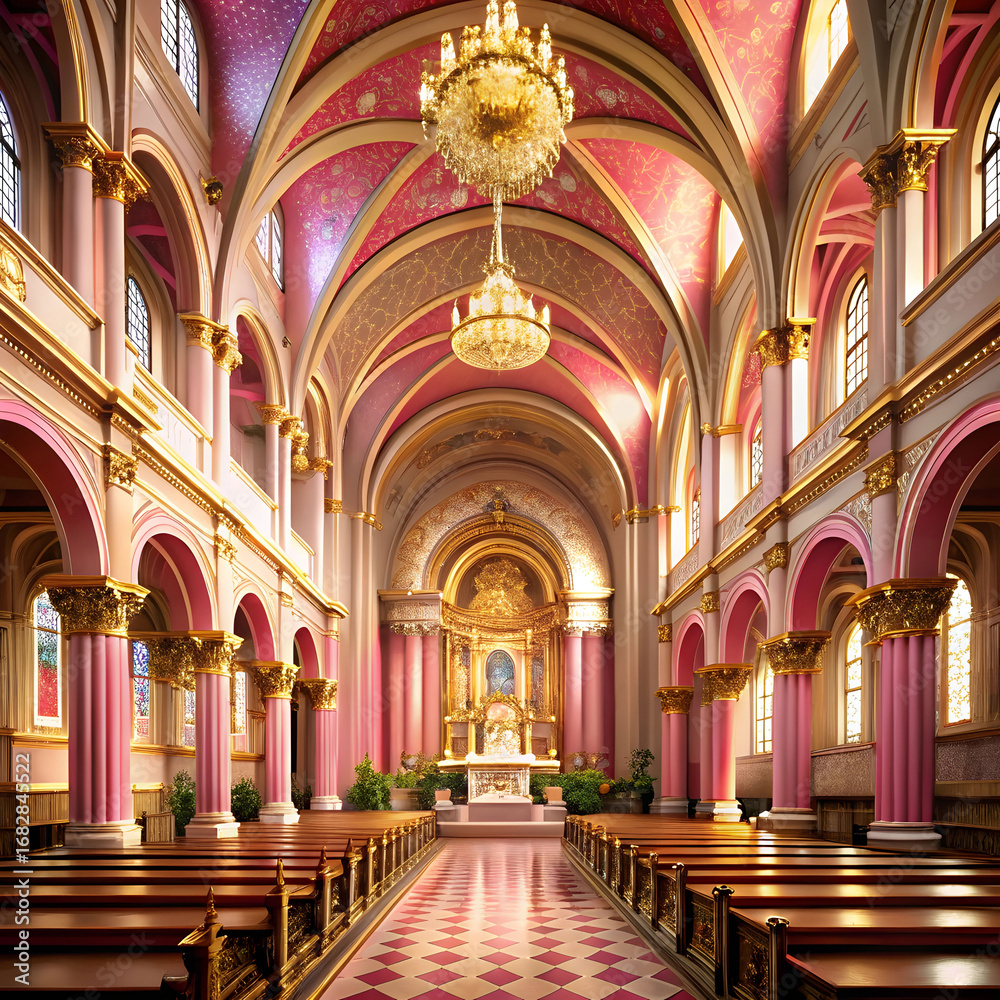 Fototapeta premium Pink and Gold Church Interior: Stunning Architectural Design