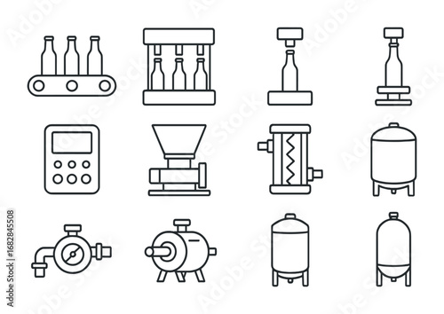 Brewery Equipment Icons. Outline icon set of brewery equipment: conveyor belt, bottling machine, capping