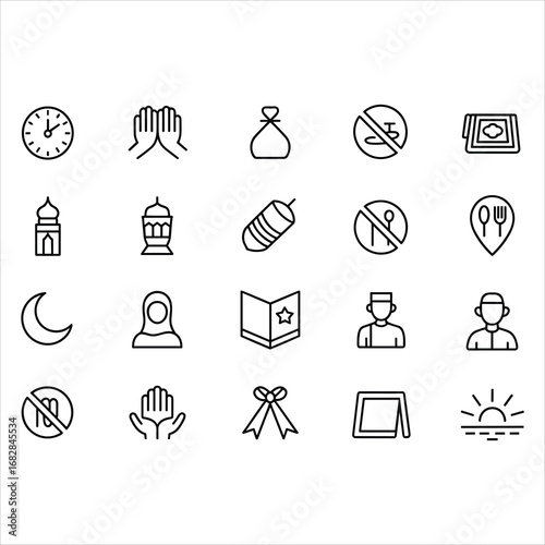 Islamic Icons Clock Prayer Hands Money Bag Forbidden Food Lantern and Sunrise muslim