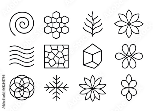 Abstract AI Icon Set. Outline icon set of abstract AI patterns: spirals, hexagon grid, fractal leaf, geometric