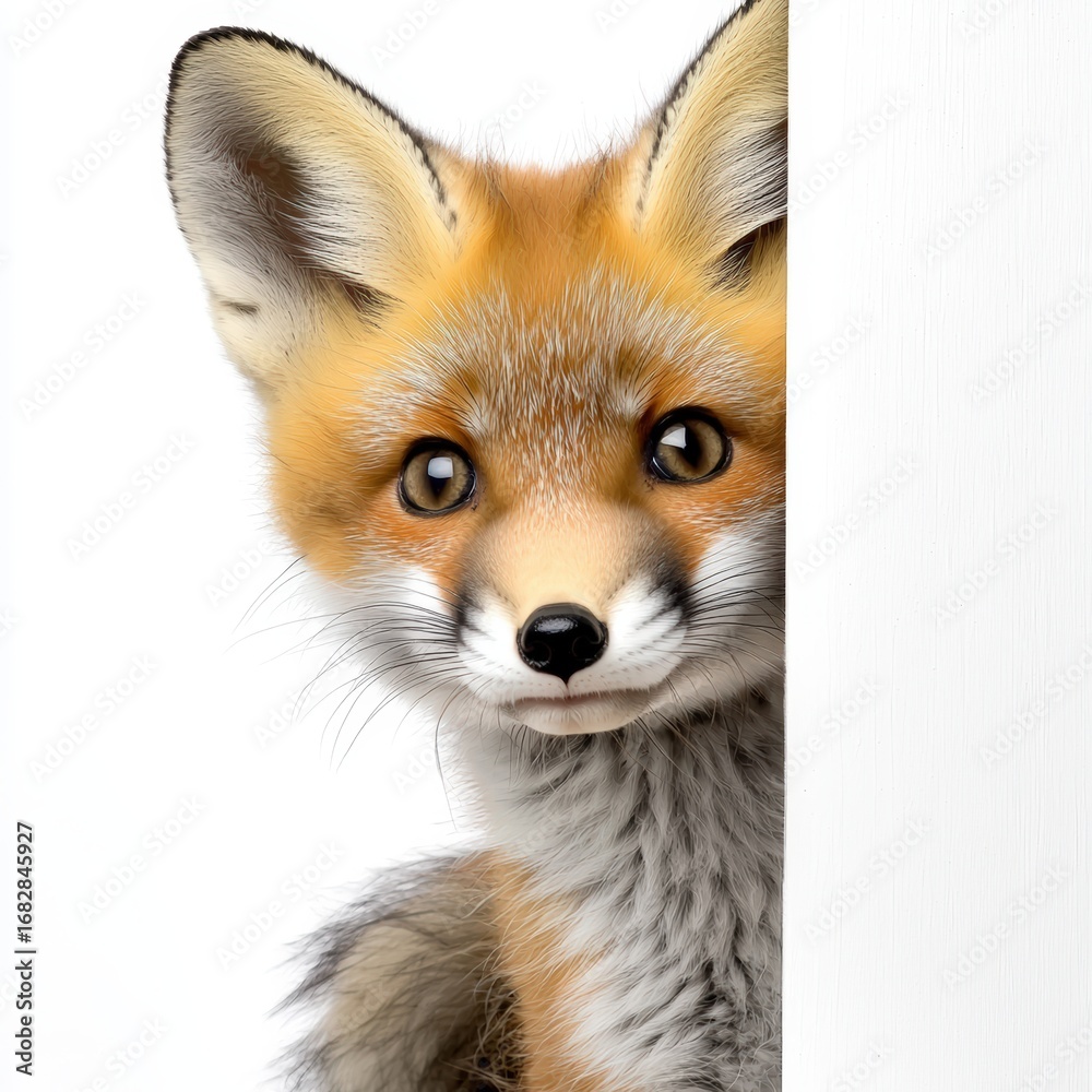 Fototapeta premium A baby fox peeking out shyly, bushy tail curled, warm white background, copy space below,